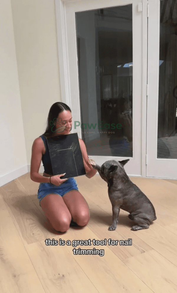 Customer showing NailEase board with dog